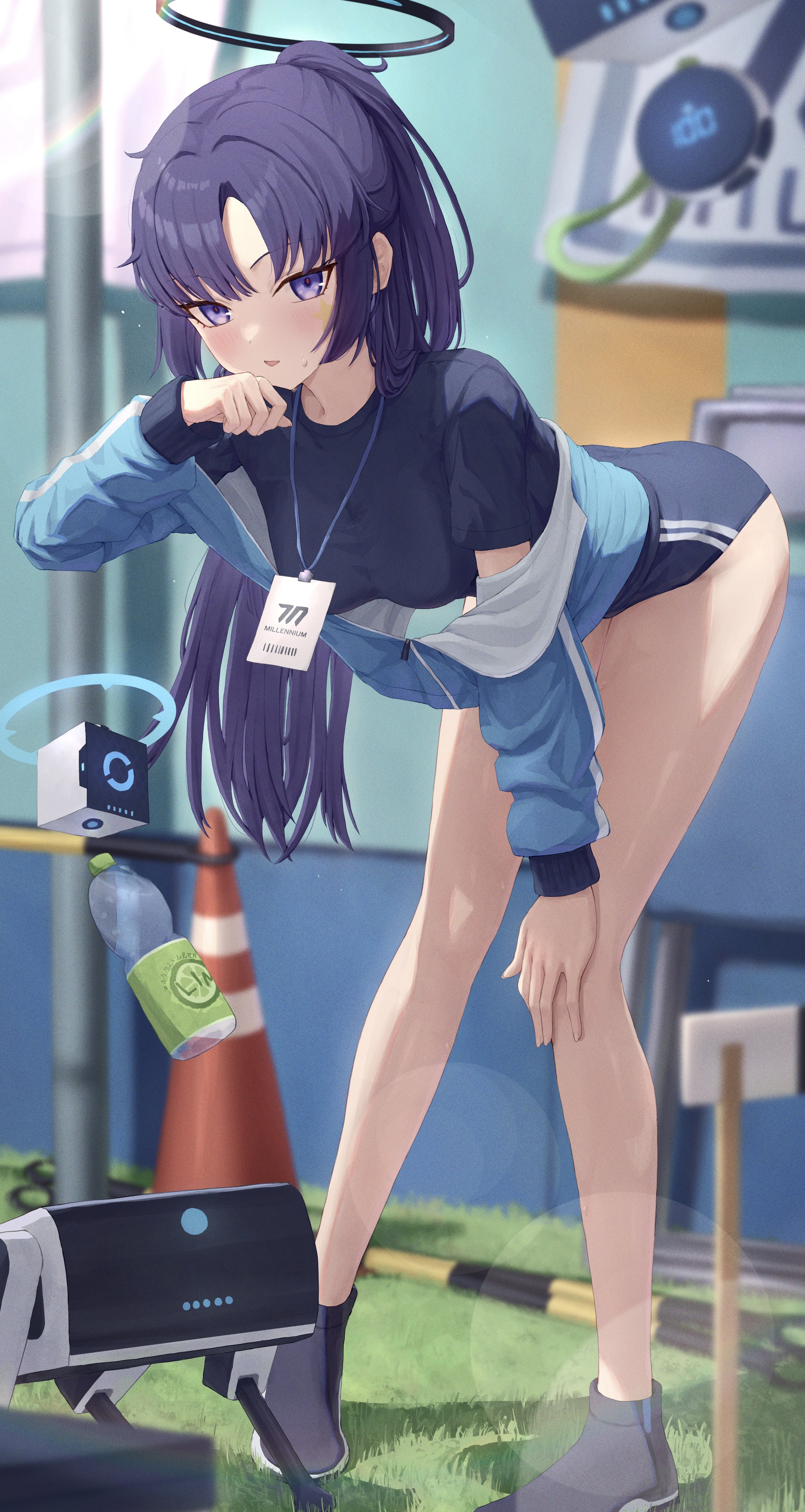huran tea, yuuka (blue archive), yuuka (track) (blue archive), blue archive, absurdres, commentary, highres, 1girl, bent over, blue buruma, blue jacket, blush, breasts, buruma, gym uniform, halo, hand on own knee, jacket, large breasts, long hair, looking at viewer, mechanical halo, official alternate costume, ponytail, purple eyes, purple hair, shirt, solo, sweat, track jacket