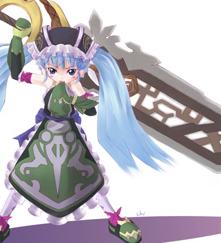 gretel (otogi-jushi akazukin), otogi-juushi akazukin, gretel, lowres, 00s, 1girl, apron, blue hair, female focus, long hair, solo, sword, twintails, weapon