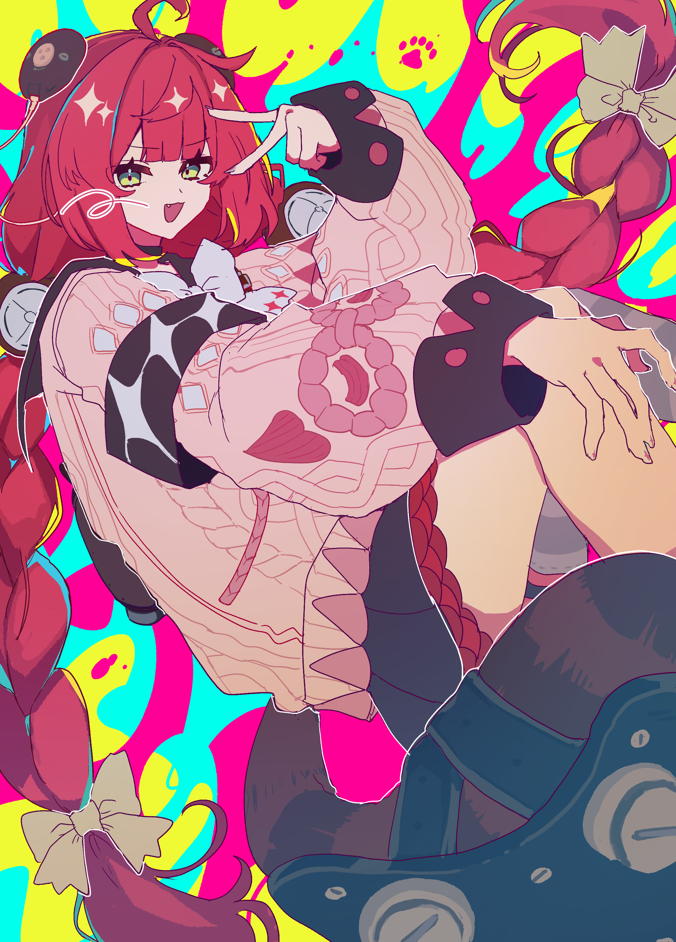 ukinami yuzuha, zenless zone zero, absurdres, commentary, highres, 1girl, ahoge, armband, black armband, black choker, bow, bowtie, braid, cardigan, choker, colorful background, fingernails, green eyes, long hair, long sleeves, nail polish, paw print, pink cardigan, red hair, sailor collar, smile, syoku 0, twin braids, v, white bow, white bowtie, wide sleeves