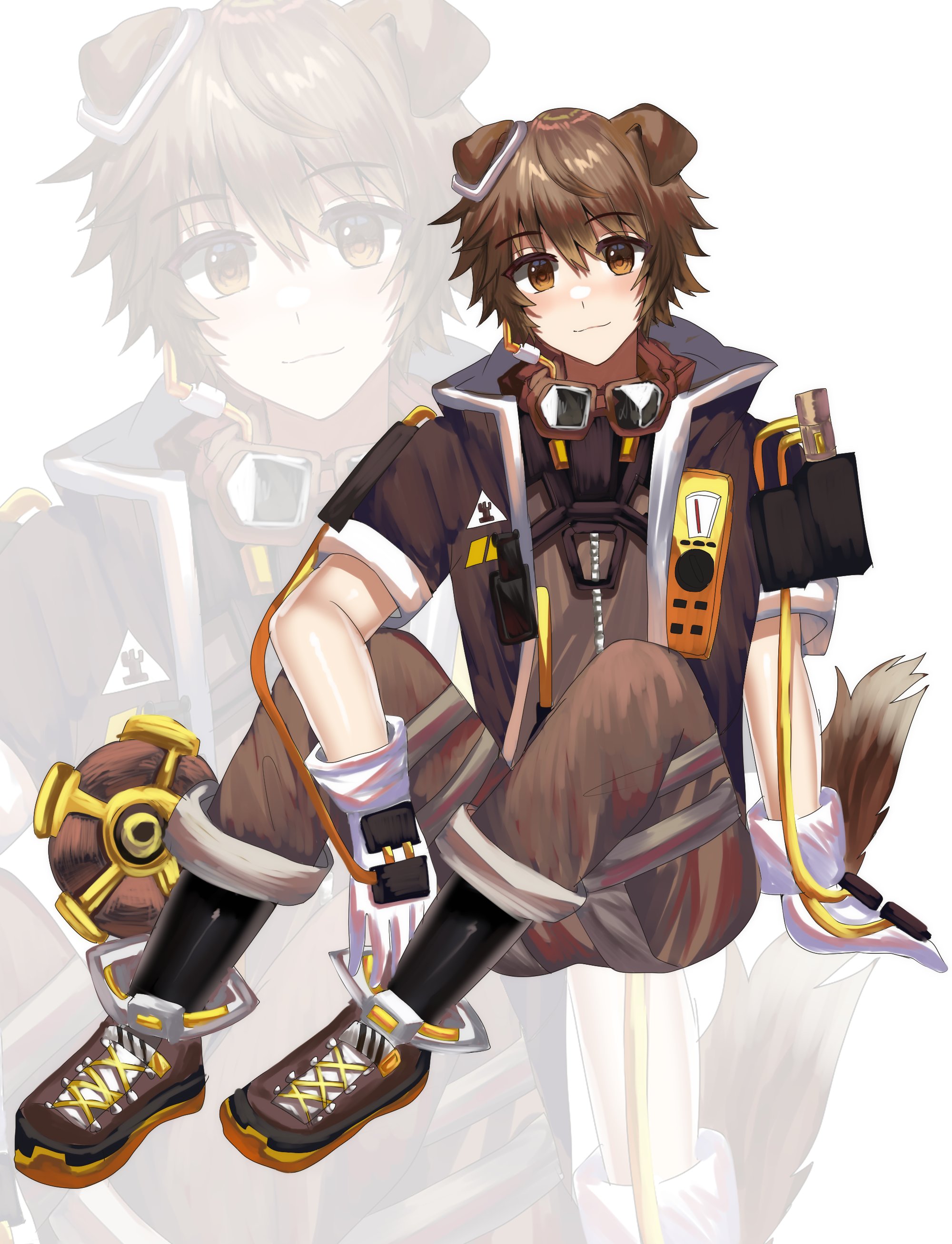 blue sealad, greyy (arknights), greyy the lightningbearer (arknights), arknights, absurdres, highres, 1boy, animal ears, black socks, brown coat, brown hair, brown jacket, brown pants, closed mouth, coat, device, dog boy, dog ears, dog tail, full body, gloves, goggles, goggles around neck, headphones, industrial pipe, jacket, male focus, pants, shoes, short-sleeved jacket, short hair, short sleeves, sitting, smile, socks, tail, white gloves