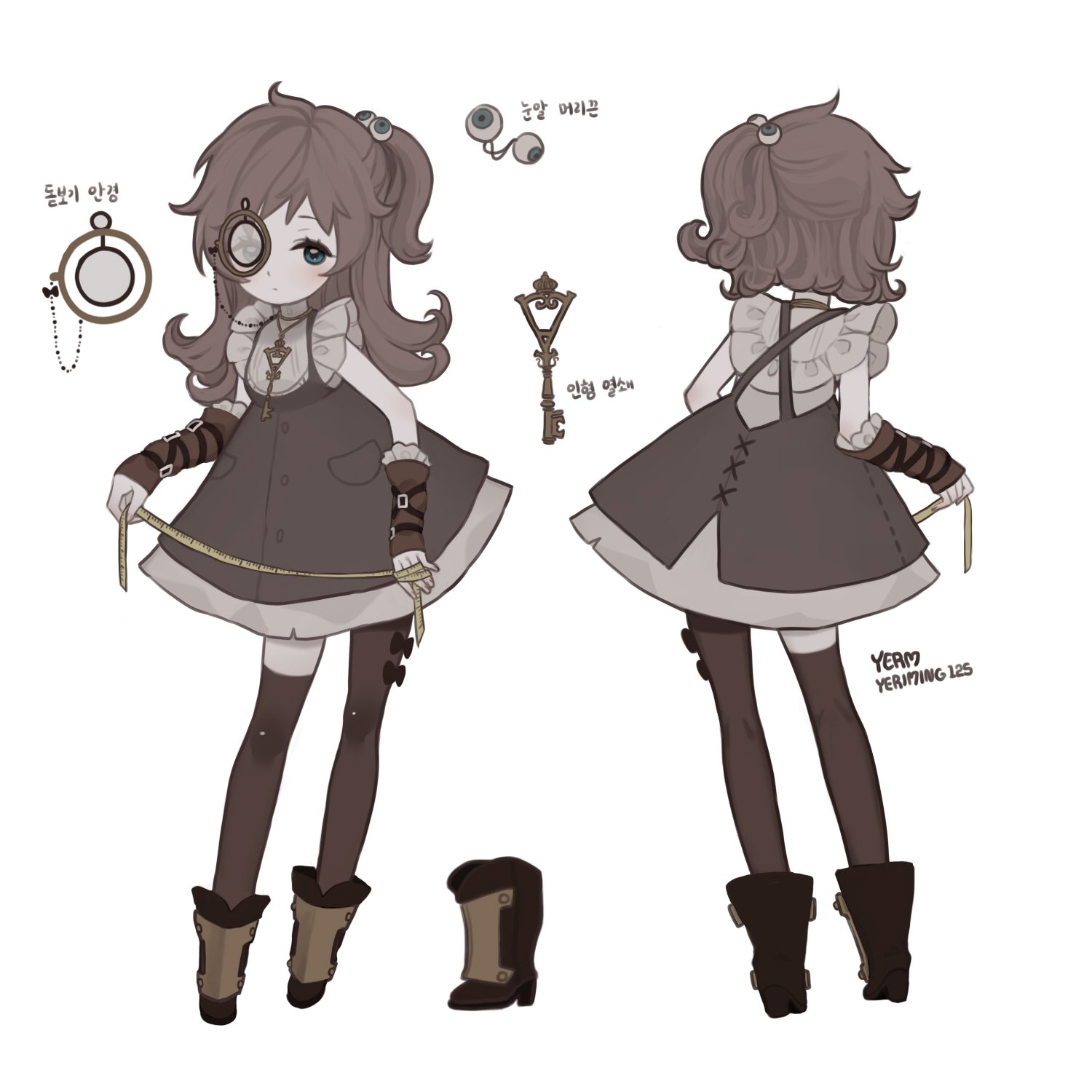 yerm, original, highres, 1girl, ankle boots, arm strap, arm warmers, artist name, asymmetrical legwear, black boots, boots, bow, brown hair, brown thighhighs, closed mouth, contrapposto, criss-cross back-straps, detached sleeves, dress, frills, full body, green eyes, hair tie, holding tape measure, jewelry, key, key necklace, korean text, light blush, looking at viewer, medium dress, monocle, multiple views, necklace, one side up, pinafore dress, reference sheet, simple background, sleeve cuffs, sleeveless, sleeveless dress, tape measure, thighhighs, white background