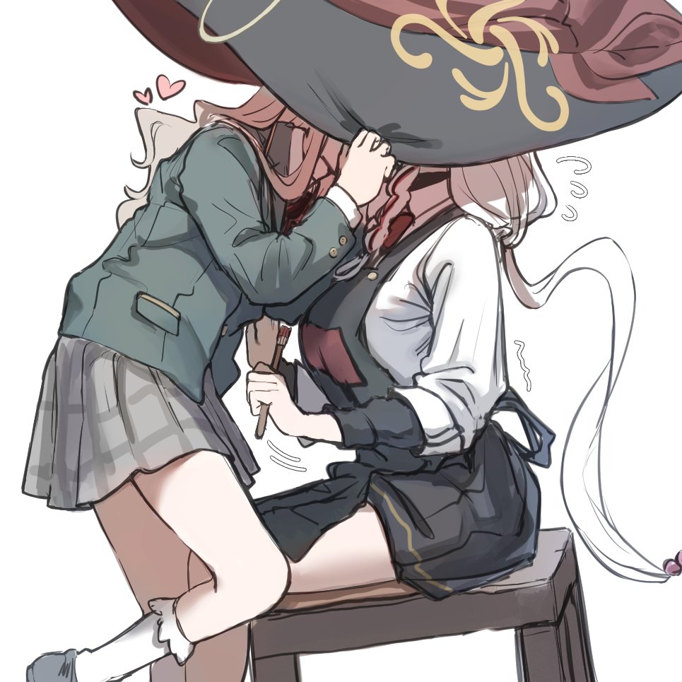 marulire, eri (blue archive), blue archive, 1girl, 2girls, blonde hair, blush, bow, bowtie, braid, breasts, covering face, flying sweatdrops, green jacket, halo, hat, hat over eyes, heart, holding, holding paintbrush, implied kiss, jacket, large breasts, long hair, long sleeves, multiple girls, paintbrush, plaid clothes, plaid skirt, red bow, red bowtie, shirt, simple background, skirt, trembling, white background, white hair, white shirt, wildhunt art academy student (smg) (blue archive), witch hat, yuri