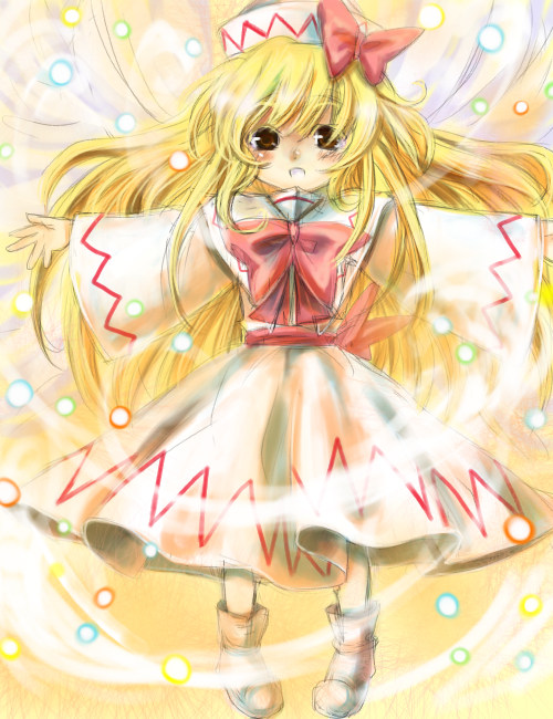 ono mochiko, lily white, touhou, 1girl, blonde hair, blush, bow, bowtie, brown eyes, danmaku, dress, female focus, full body, hat, long hair, long sleeves, looking at viewer, outstretched arms, red bow, red bowtie, solo, tareme, tate eboshi, very long hair, white dress, wide sleeves
