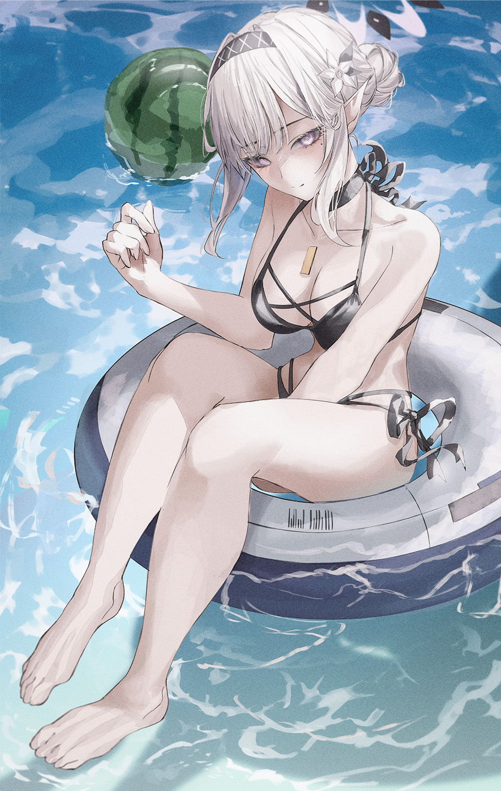 kangshi, himari (blue archive), blue archive, highres, 1girl, alternate breast size (larger), alternate costume, alternate hairstyle, barefoot, bikini, black bikini, black hairband, breasts, cleavage, closed mouth, flower, food, fruit, grey hair, hair flower, hair ornament, hairband, halo, innertube, long hair, looking at viewer, medium breasts, mole, mole under eye, on innertube, pointy ears, purple eyes, side-tie bikini bottom, sidelocks, solo, swim ring, swimsuit, water, watermelon, white flower, white hair
