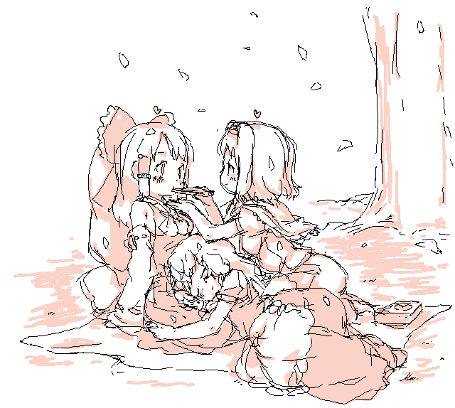 randou, alice margatroid, hakurei reimu, kirisame marisa, touhou, 3girls, apron, arm support, ascot, bare shoulders, bento, blanket, blush, bow, capelet, cherry blossoms, chopsticks, detached sleeves, dress, feeding, female focus, grass, hair bow, lap pillow, leaning back, monochrome, multiple girls, oekaki, outdoors, petals, picnic, pink theme, seiza, sitting, sketch, skirt, skirt set, tree, waist apron, yokozuwari, yuri
