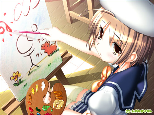 hiide, nekomiya nono, yotsunoha, game cg, lowres, 00s, 1girl, art brush, canvas (object), easel, female focus, paint palette, paintbrush, painting (action), solo