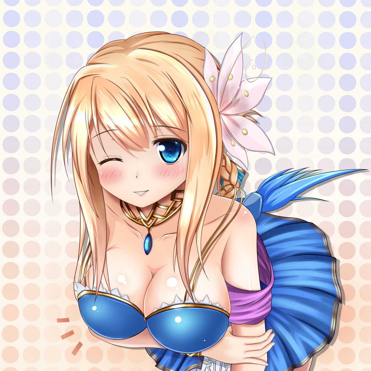 aneten, le fay lore, emil chronicle online, highres, 1girl, arm under breasts, bare shoulders, blonde hair, blue dress, blue eyes, braid, breasts, choker, cleavage, dress, flower, hair flower, hair ornament, large breasts, leaning forward, long sidelocks, one eye closed, polka dot, polka dot background, purple veil, sidelocks, sleeveless, sleeveless dress, solo, veil