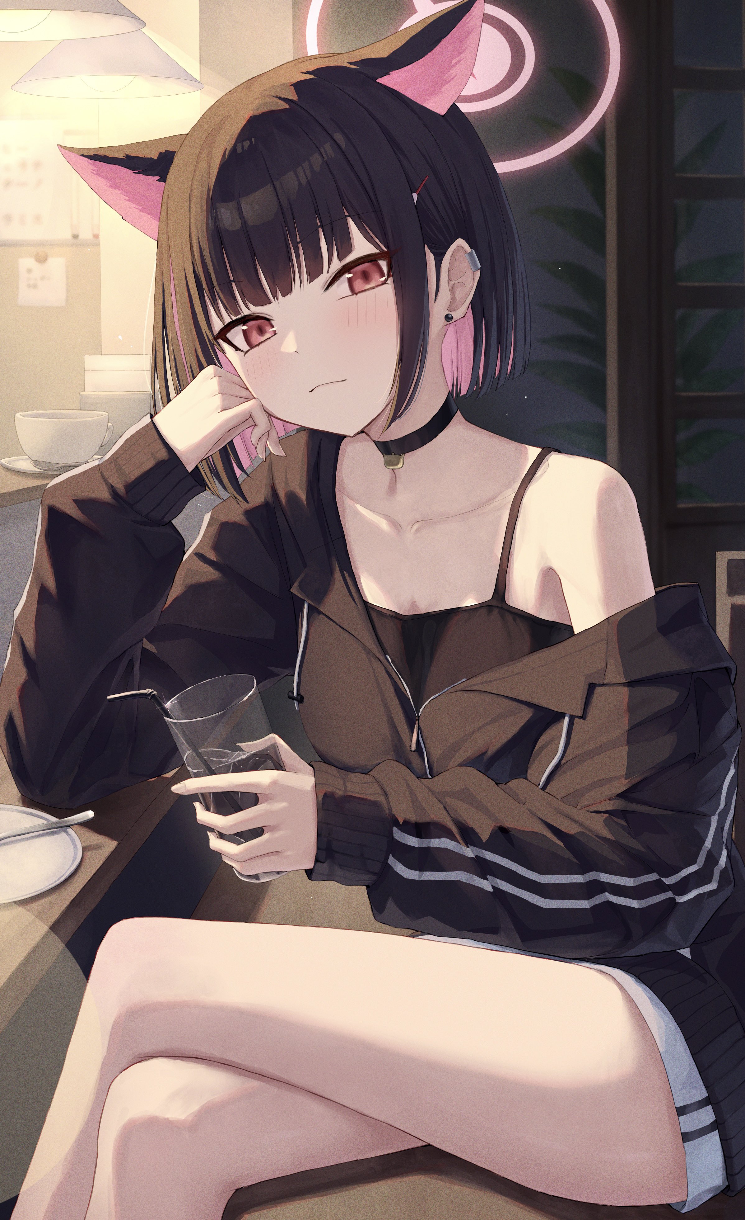 huran tea, kazusa (blue archive), blue archive, absurdres, commentary, highres, 1girl, animal ears, black camisole, black choker, black hair, blush, breasts, camisole, cat ears, choker, closed mouth, collarbone, colored inner animal ears, colored inner hair, crossed legs, cup, drinking straw, earclip, earrings, extra ears, hair ornament, hairclip, halo, holding, holding cup, jacket, jewelry, long sleeves, looking at viewer, multicolored hair, pink hair, pink halo, red eyes, short hair, single off shoulder, sitting, solo, stud earrings, two-tone hair