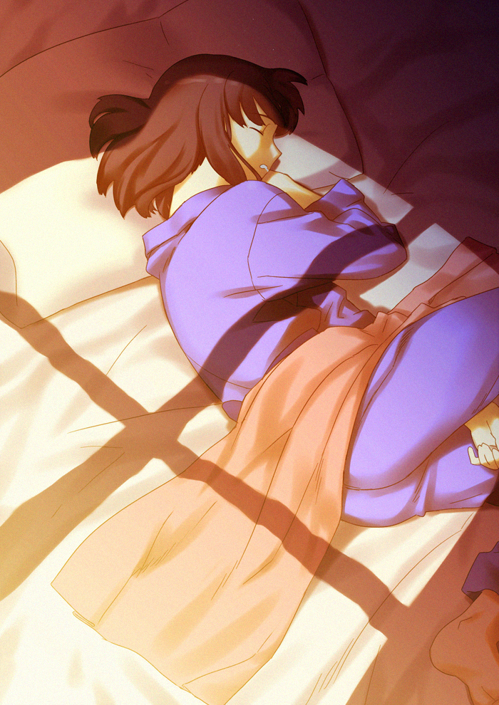 yangsion, ryougi shiki, kara no kyoukai, light, 1girl, barefoot, bed, between legs, closed eyes, drooling, female focus, hand between legs, lying, on side, pajamas, shade, sleeping, solo, sunlight, window shadow