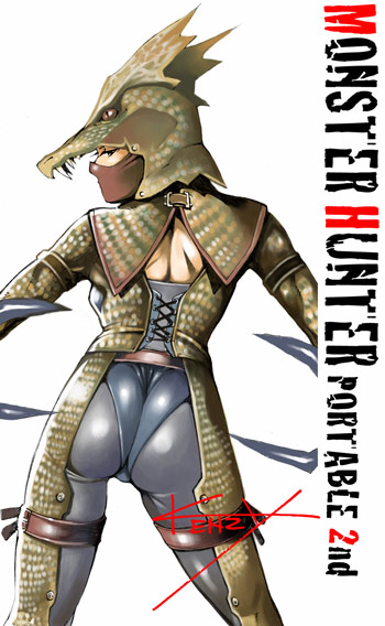 kenzy, genprey, capcom, monster hunter (series), monster hunter portable 2nd, 1girl, armband, armor, ass, back, capelet, claws, corset, fangs, fantasy, female focus, from behind, genprey (armor), helmet, looking back, mask, outstretched arms, scales, shiny clothes, signature, simple background, skin tight, slit pupils, solo, spread arms, spread legs, standing, strap, thigh strap