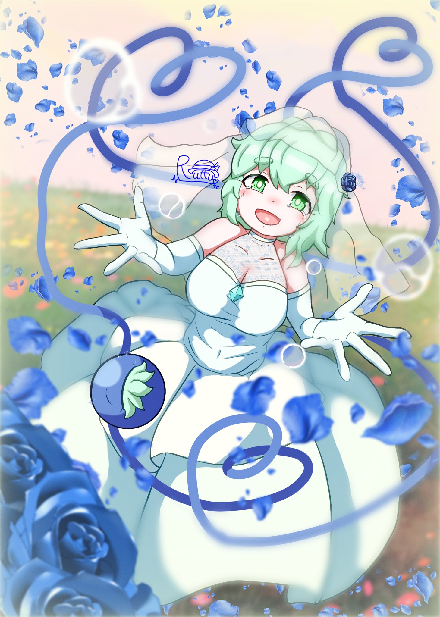 komeiji koishi, touhou, highres, 1girl, :d, blue flower, blue rose, blurry, blurry background, breasts, bridal veil, cleavage, dress, elbow gloves, flower, gloves, green dress, green eyes, green hair, heart, heart of string, horizon, large breasts, looking at viewer, open mouth, outdoors, rose, ruttu ika, short eyebrows, signature, smile, solo, third eye, veil, wedding dress, white dress, white gloves