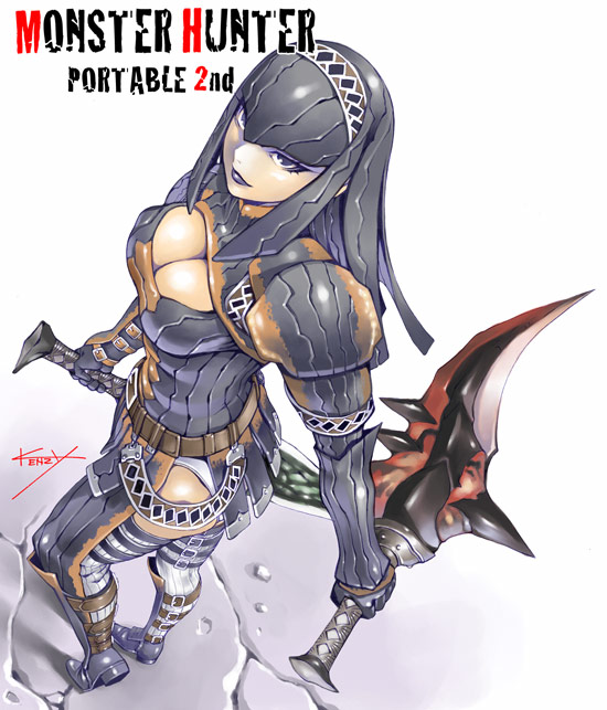 kenzy, capcom, monster hunter (series), monster hunter portable 2nd, blade, 1girl, armor, belt, black eyes, black lips, breasts, cleavage, cleavage cutout, clothing cutout, downblouse, dual wielding, elbow gloves, eyeshadow, fantasy, female focus, from above, gloves, gypceros (armor), hairband, helmet, holding, large breasts, lipstick, looking at viewer, looking back, looking up, makeup, panties, shoes, signature, smile, solo, standing, strap, sword, thighhighs, thighs, tiptoes, turtleneck, underwear, weapon, white panties, white thighhighs