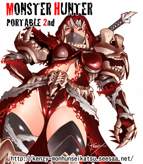kenzy, capcom, monster hunter (series), monster hunter portable, monster hunter portable 2nd, looking away, 1girl, armor, bandages, belt, belt buckle, black thighhighs, buckle, cameltoe, center opening, claws, death gear (armor), death stench (armor), dress, dutch angle, elbow gloves, fangs, female focus, from below, gloves, groin, hand on own hip, hood, mask, midriff, red eyes, shiny clothes, signature, simple background, skull, solo, standing, teeth, thighhighs, thighs, torn clothes, weapon, white hair, zettai ryouiki