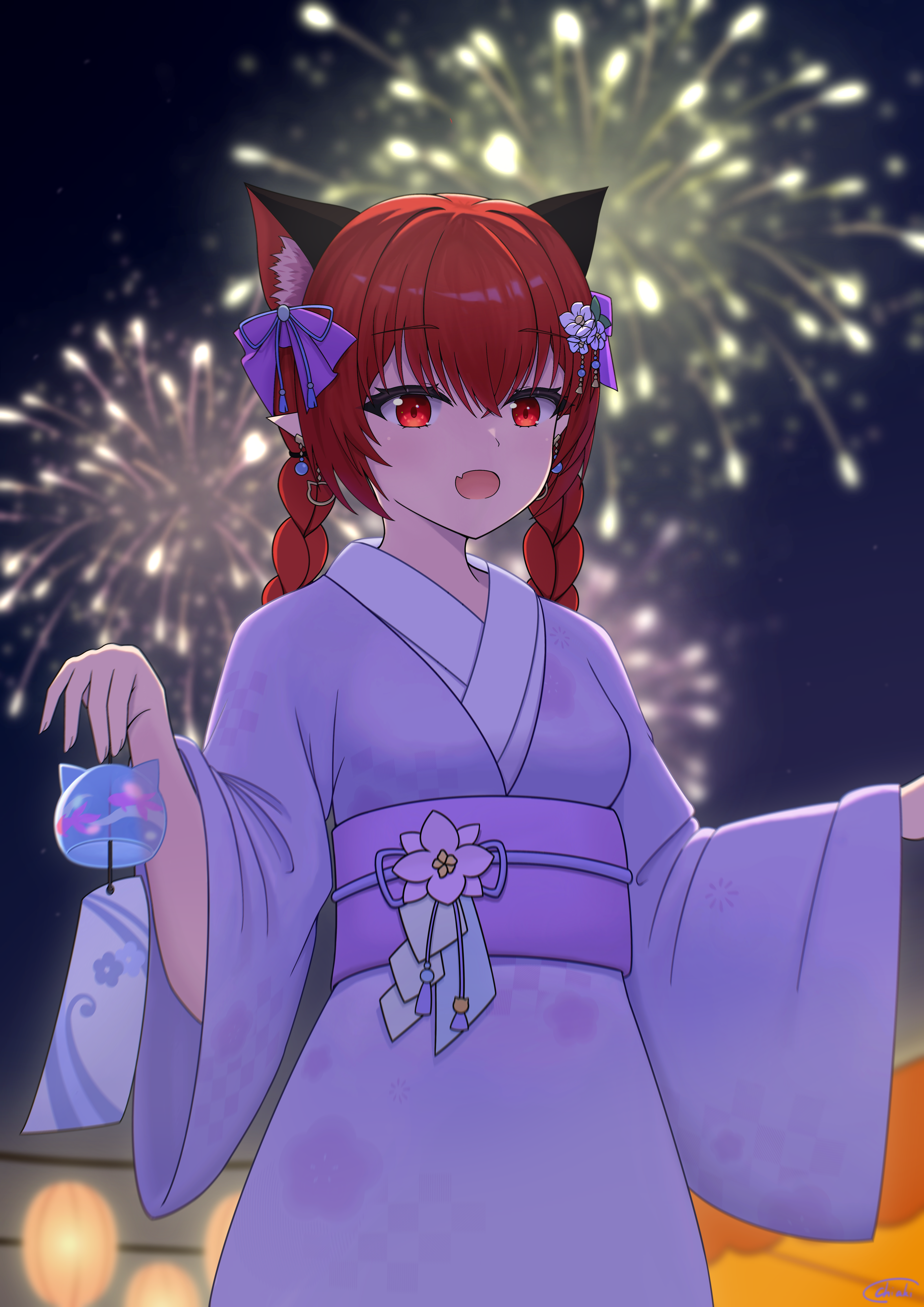 chiaki koizumi, kaenbyou rin, touhou, absurdres, commentary request, highres, 1girl, animal ear fluff, animal ears, braid, cat ears, cat girl, earmuffs, extra ears, fang, japanese clothes, kimono, long sleeves, looking at viewer, open mouth, outdoors, pointy ears, red eyes, red hair, sash, side braids, skin fang, solo, twin braids, white kimono, wide sleeves, yukata