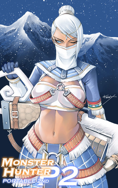 kenzy, capcom, monster hunter (series), monster hunter portable, monster hunter portable 2nd, 1girl, arm behind back, armband, armor, bandeau, belt, blango (armor), blue eyes, brango (armor), breasts, capelet, circlet, cleavage, cleavage cutout, clothing cutout, crop top, dark-skinned female, dark skin, detached sleeves, eyelashes, female focus, fur trim, gem, gloves, hair bun, jewelry, large breasts, loincloth, mask, midriff, mountain, nature, navel, night, night sky, one eye closed, outdoors, panties, pantyshot, scrunchie, short hair, signature, single hair bun, skirt, sky, snow, solo, sparkle, standing, strap, swept bangs, underwear, upskirt, weapon, white hair, white panties, wide hips, wink