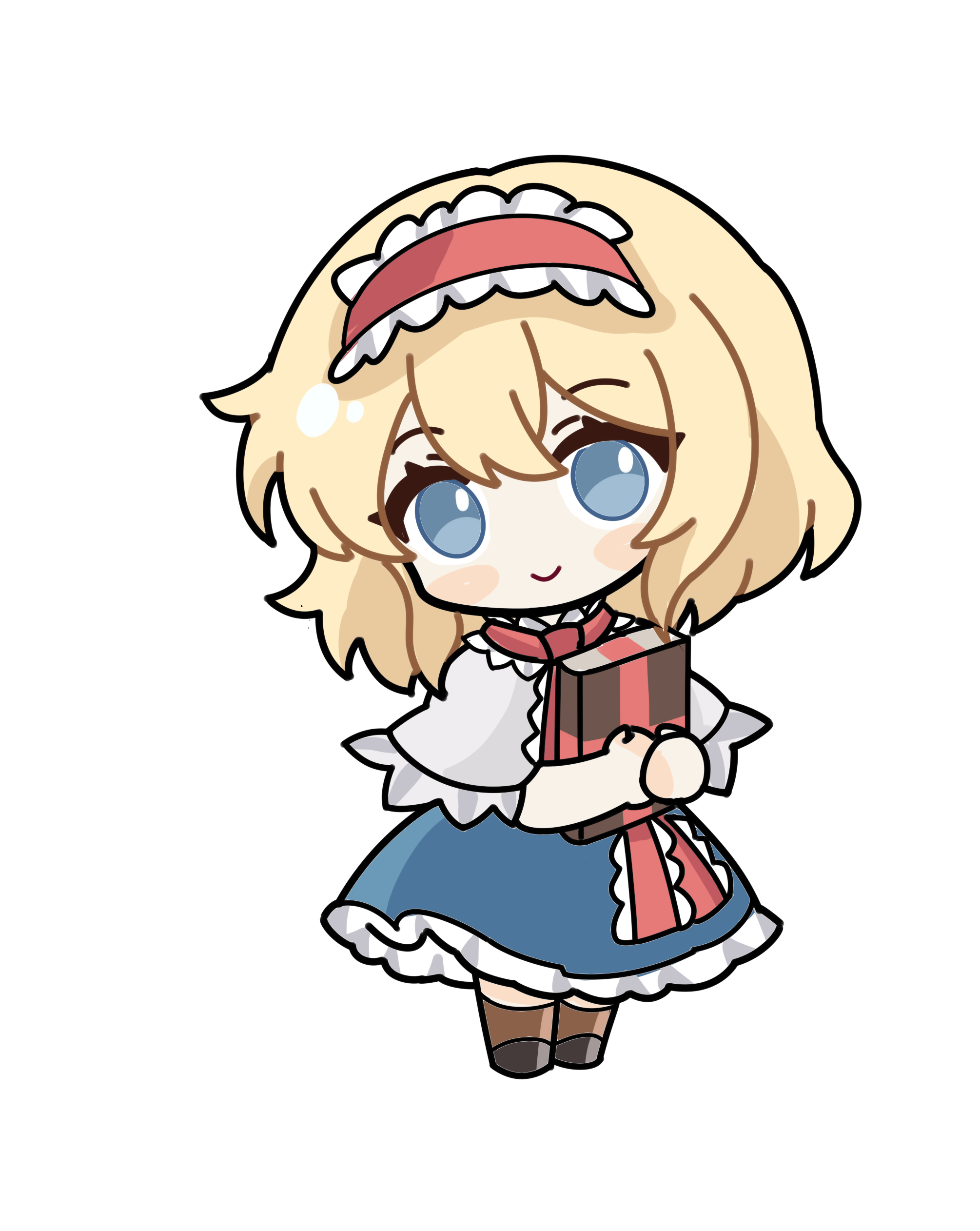 alice margatroid, touhou, absurdres, highres, 1girl, blonde hair, blue eyes, blush, book, capelet, chibi, closed mouth, frilled hairband, frills, full body, hairband, holding, holding book, looking at viewer, que si tian yu ze, red hairband, short hair, simple background, smile, solo, standing, white background, white capelet