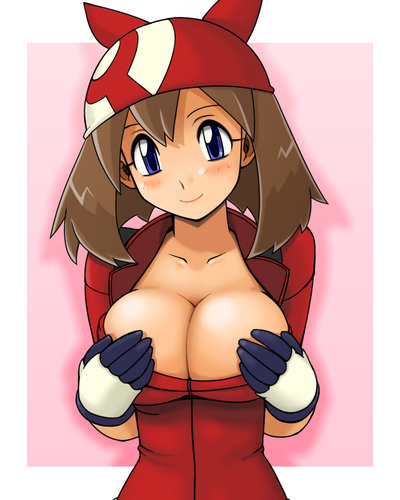 tsumitani daisuke, haruka (pokemon), odamaki sapphire, pokemon, lowres, blue eyes, blush, breasts, brown hair, cleavage, gloves, huge breasts, large breasts, solo, tsumityan honpo