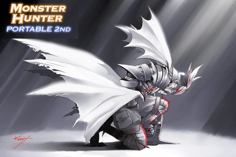 kenzy, capcom, monster hunter (series), monster hunter portable 2nd, hand on thigh, 1boy, armor, bent over, boots, clenched hand, closed eyes, fatalis (armor), gloves, helmet, kneeling, light rays, male focus, on one knee, pouch, profile, shadow, shield, short hair, signature, solo, squatting, strap, sunbeam, sunlight, torn clothes, white hair, wings