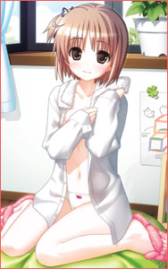 hiide, nekomiya nono, yotsunoha, lowres, 00s, 1girl, bow, bow panties, brown eyes, brown hair, female focus, panties, shirt, short hair, solo, underwear, white panties