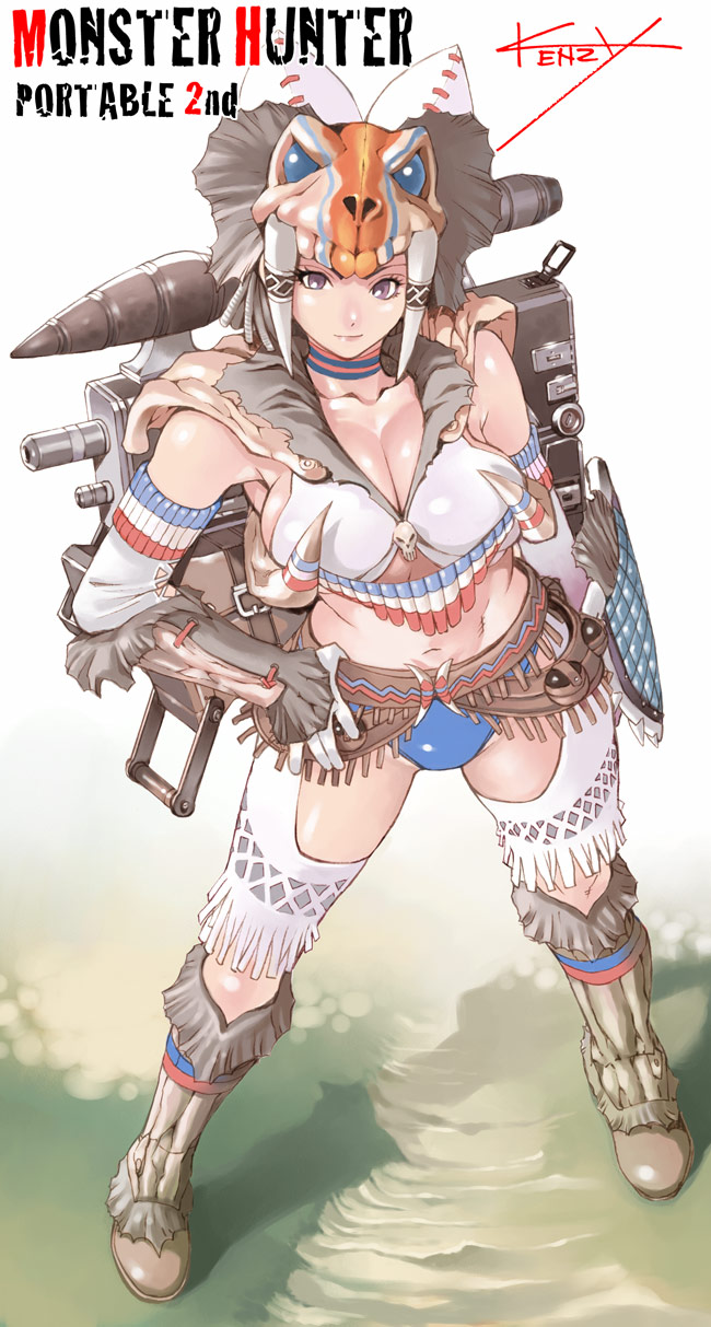 kenzy, capcom, monster hunter (series), monster hunter portable 2nd, highres, 1girl, armor, belt, bikini, bikini bottom only, bone armor (monster hunter), boots, breasts, choker, cleavage, crop top, dinosaur, elbow gloves, fangs, fantasy, female focus, gloves, grass, gun, hand on own hip, helmet, huge weapon, knee boots, large breasts, legs apart, looking at viewer, naughty face, outdoors, purple eyes, rocket, rocket launcher, shield, sideboob, signature, skull, smile, solo, standing, swimsuit, thighhighs, weapon, wide hips, zettai ryouiki