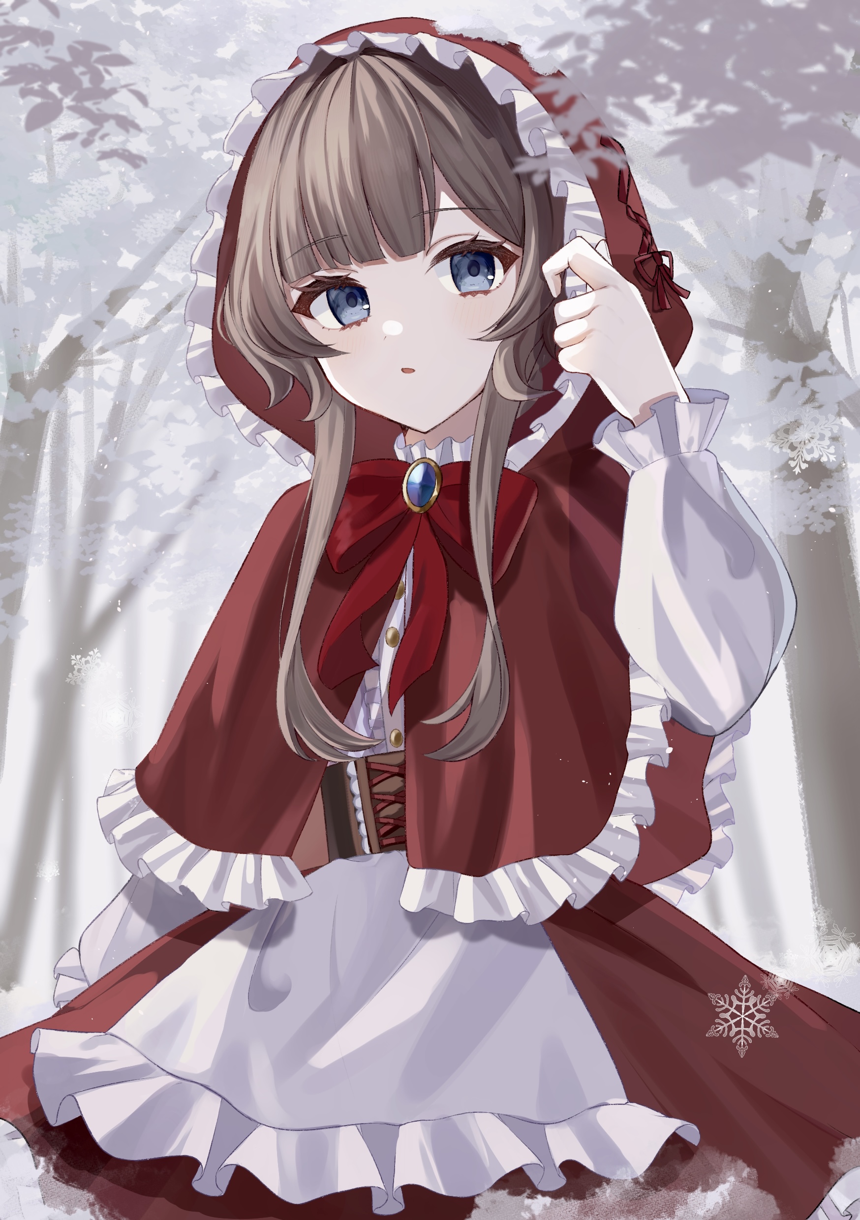 pomufuwari, sandrone (genshin impact), genshin impact, absurdres, commentary request, highres, 1girl, alternate costume, blue eyes, brown hair, capelet, corset, dress, headdress, hood, hood up, hooded capelet, long sleeves, medium hair, red capelet, red hood, sidelocks, solo, tree, white dress