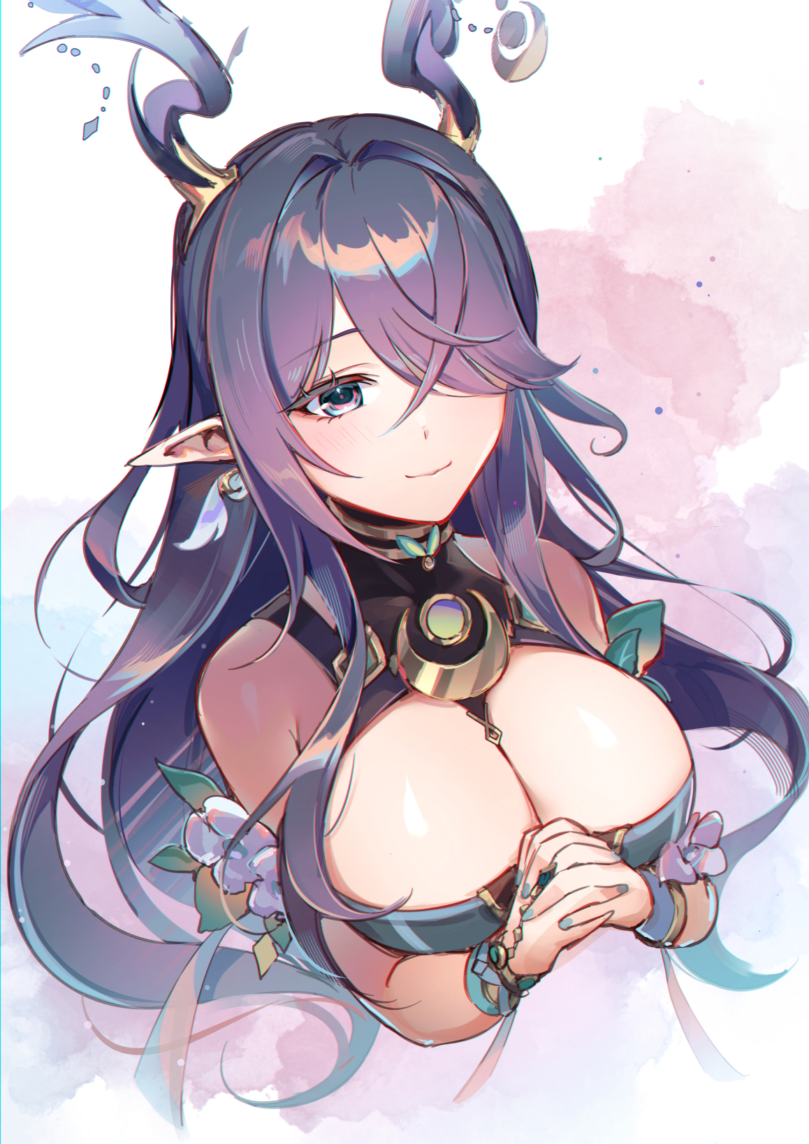 karen (navy 42), lauma (genshin impact), genshin impact, commentary, highres, symbol-only commentary, 1girl, bare shoulders, blue eyes, blue hair, breasts, cleavage, hair intakes, hair over one eye, interlocked fingers, large breasts, long hair, looking at viewer, own hands together, pointy ears, smile, solo, upper body, very long hair