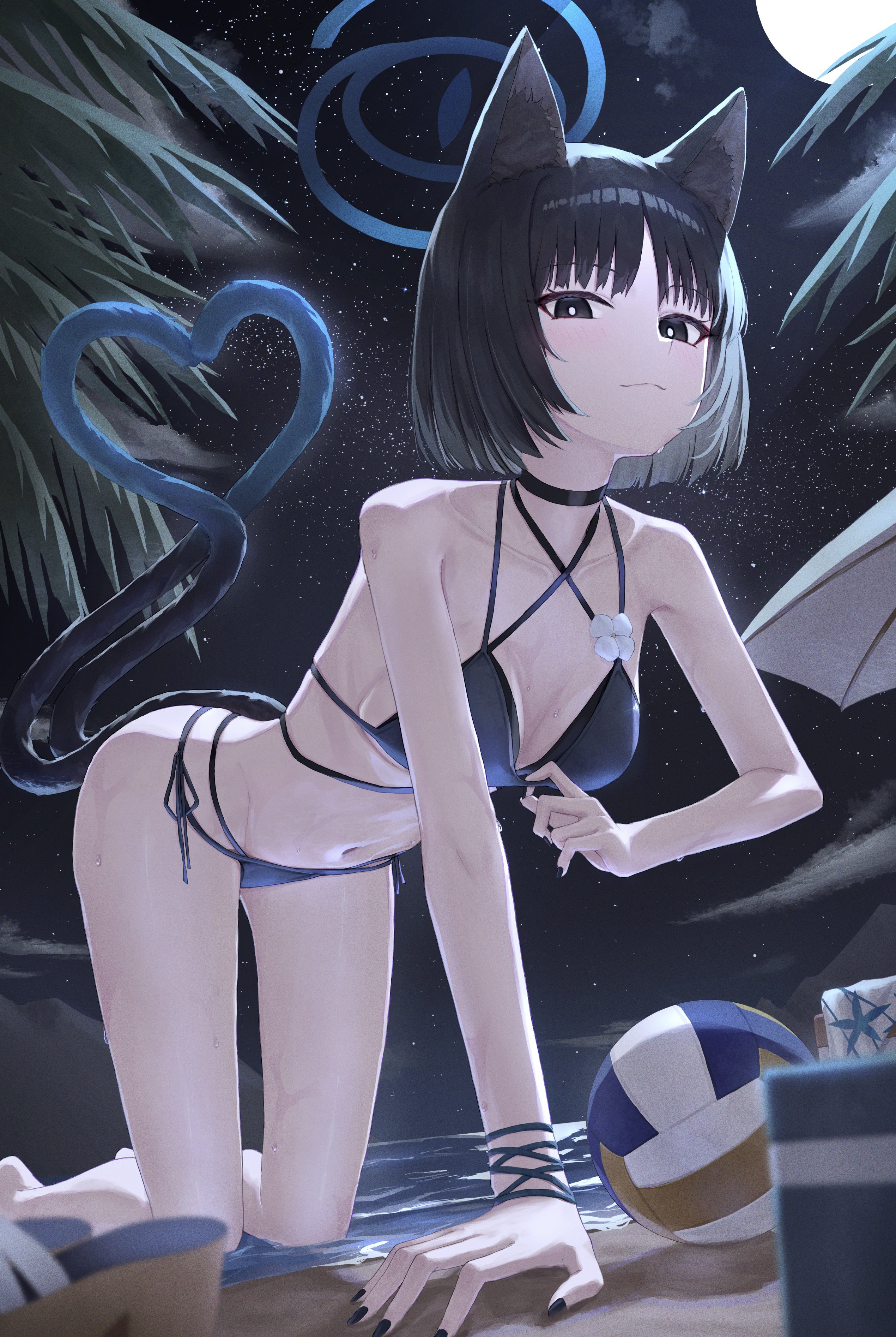 huran tea, kikyou (blue archive), kikyou (swimsuit) (blue archive), blue archive, absurdres, commentary, highres, 1girl, all fours, animal ears, bikini, black eyes, black hair, black nails, blue bikini, blue halo, blue tail, breasts, cat ears, cat girl, cat tail, closed mouth, gradient tail, halo, layered bikini, looking at viewer, medium breasts, multiple tails, nail polish, navel, official alternate costume, outdoors, short hair, solo, stomach, swimsuit, tail, two tails, volleyball