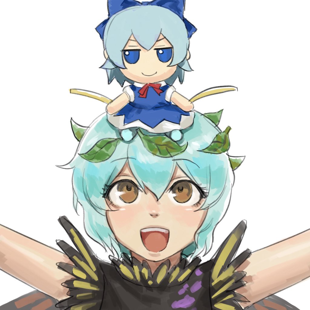 cirno, eternity larva, touhou, commentary, english commentary, second-party source, 1girl, :d, antennae, aqua hair, brown eyes, doll on head, feidog891422, fumo (doll), gift art, leaf, leaf on head, looking up, open mouth, outstretched arms, short hair, simple background, smile, solo, upper body, white background