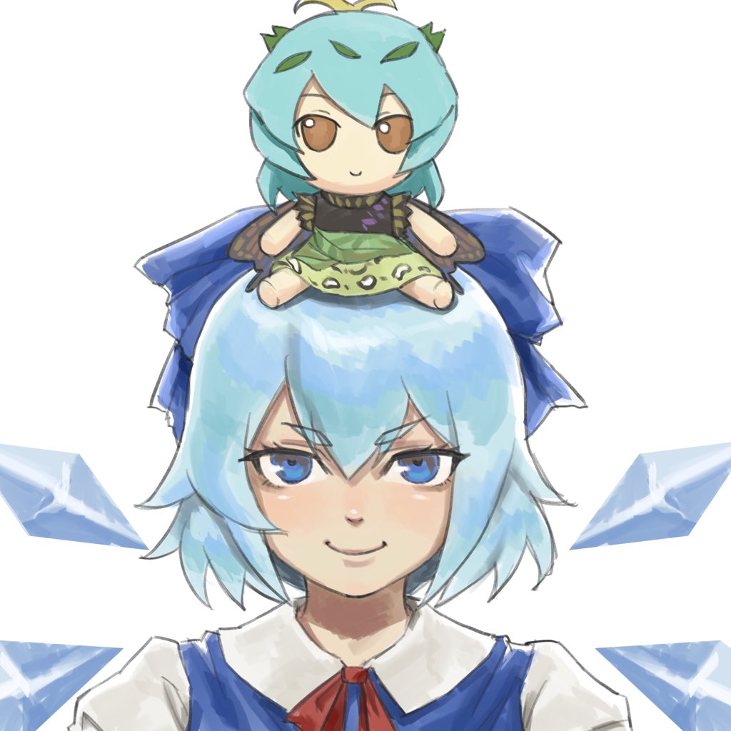 cirno, eternity larva, touhou, commentary, english commentary, second-party source, 1girl, blue bow, blue eyes, blue hair, bow, closed mouth, detached wings, doll on head, feidog891422, fumo (doll), gift art, hair bow, ice, ice wings, looking at viewer, short hair, simple background, smile, solo, upper body, white background, wings