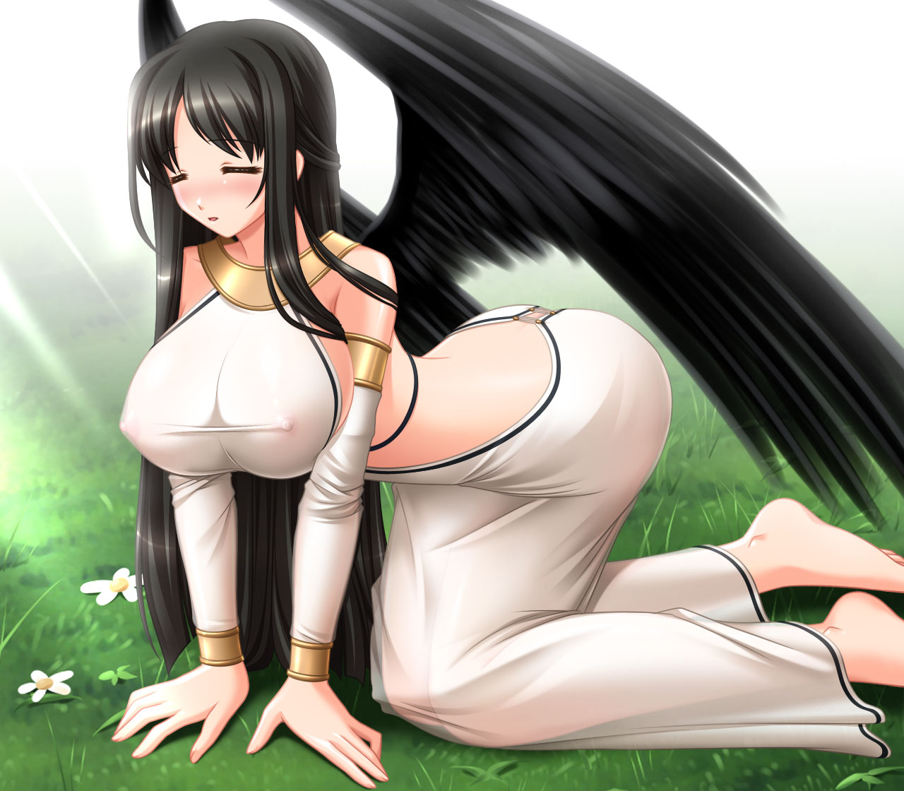 kafu (logaemon), morrighan, mabinogi, 1girl, angel wings, barefoot, black hair, black wings, blush, breasts, closed eyes, covered erect nipples, detached sleeves, female focus, half updo, huge breasts, long hair, solo, wings