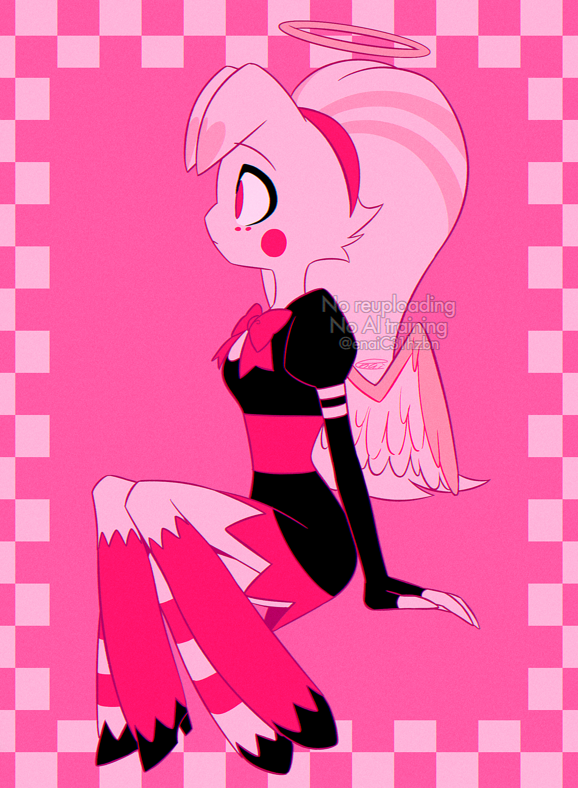 menma (enaic31), molly (hazbin hotel), hazbin hotel, hellaverse, absurdres, commentary request, highres, 1girl, arm support, black dress, border, bow, bowtie, checkered border, chromatic aberration, circle facial mark, closed mouth, dress, feathered wings, film grain, frilled dress, frills, from side, full body, hairband, halo, hooves, invisible chair, juliet sleeves, long hair, long sleeves, looking ahead, outside border, pink background, pink border, pink bow, pink bowtie, pink eyes, pink hairband, pink halo, pink theme, pink wings, profile, puffy sleeves, short dress, signature, simple background, sitting, solo, two-tone wings, very long hair, watermark, white fur, white wings, wings