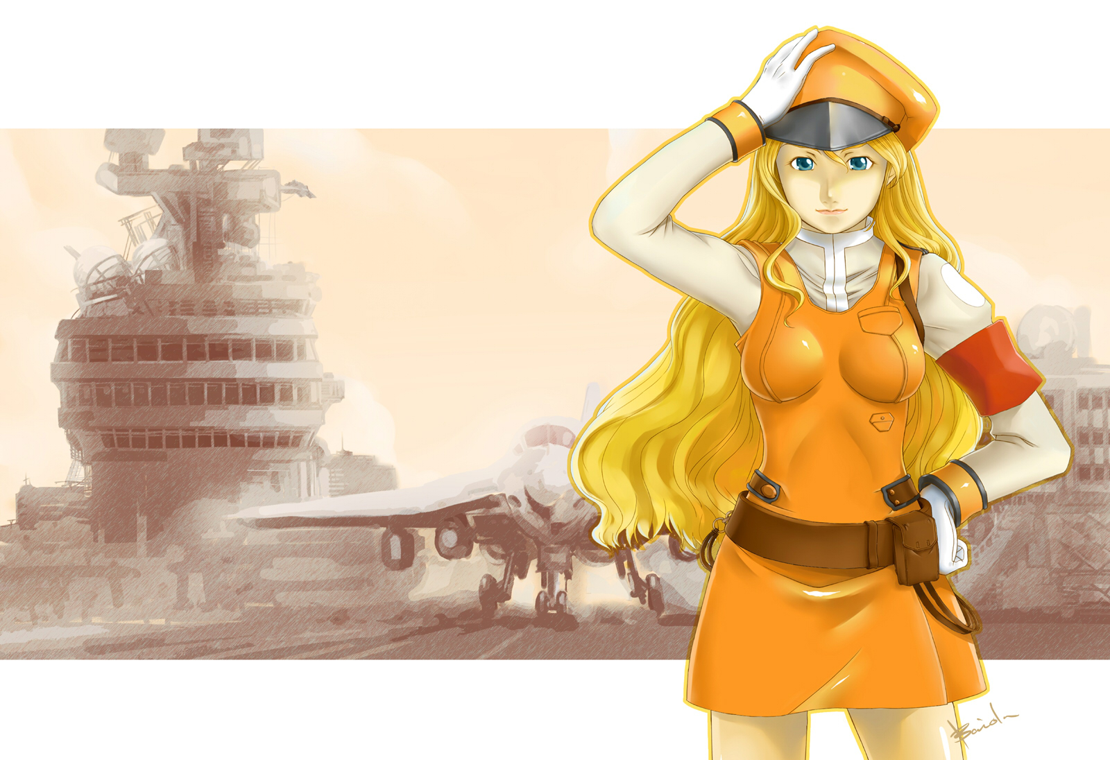 baiola, sheryl nome, macross, macross frontier, jet, highres, 00s, 1girl, a-6, aircraft, aircraft carrier, airplane, armlet, belt, belt pouch, blue eyes, bodysuit, breasts, closed mouth, cowboy shot, female focus, hat, jewelry, legs apart, letterboxed, lips, long hair, looking at viewer, machinery, military vehicle, peaked cap, pocket, pouch, ship, sidelocks, simple background, skin tight, smile, solo, standing, warship, watercraft, white background