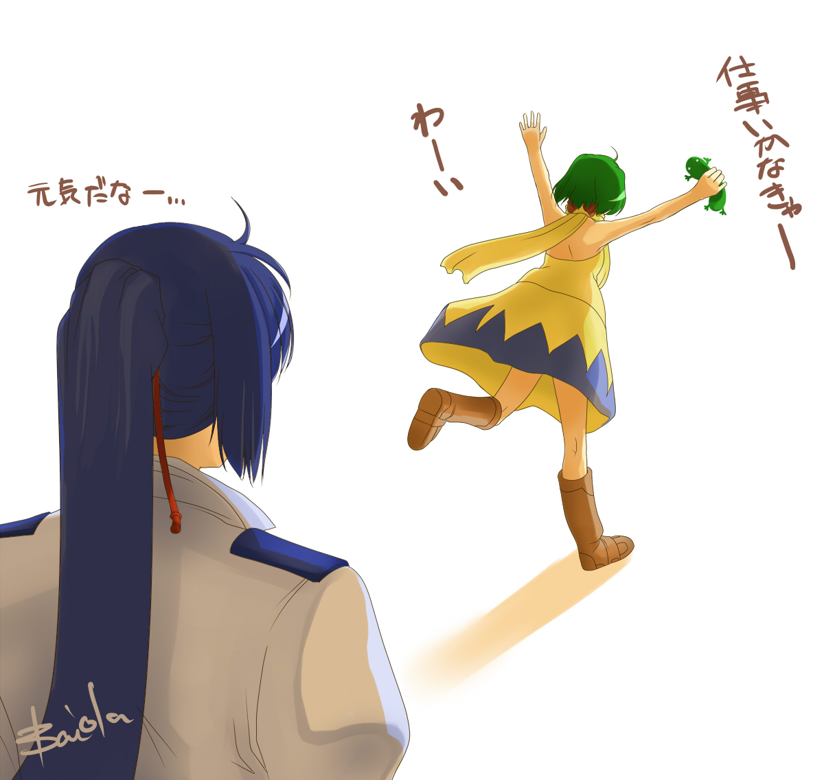 ranka lee, saotome alto, macross, macross frontier, translated, 00s, 1boy, 1girl, arms up, clenched hands, creature, dress, from behind, green hair, holding, long hair, ponytail, scarf, shirt, short hair, simple background, t-shirt, white background, yellow dress, yellow scarf