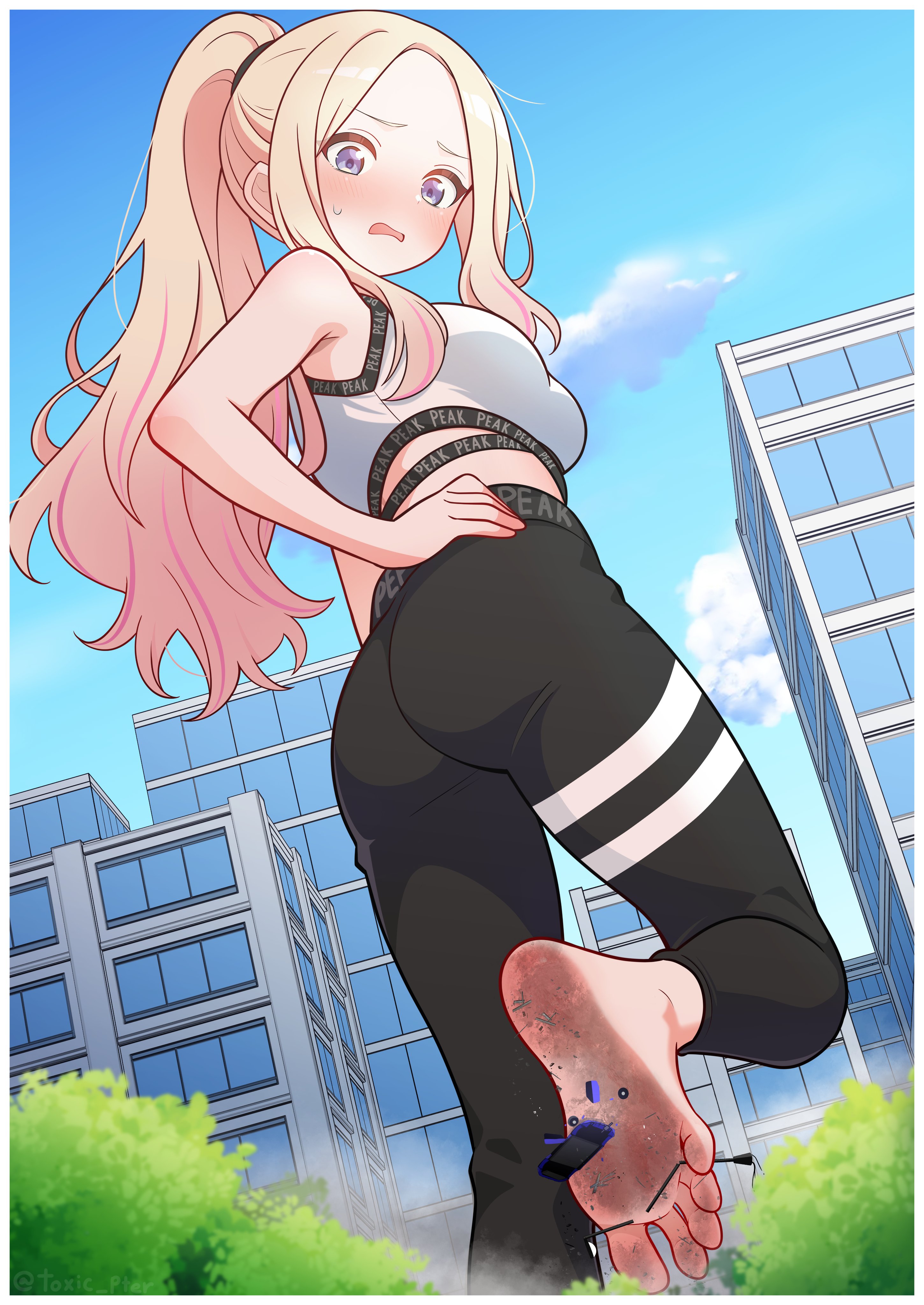 toxic pter, juo sena, gakuen idolmaster, idolmaster, absurdres, highres, barefoot, black leggings, blonde hair, blue sky, blush, building, city, cloud, day, giant, giantess, high ponytail, leggings, long hair, looking at viewer, looking back, multicolored hair, open mouth, outdoors, pink hair, ponytail, purple eyes, sky, solo, sports bra, streaked hair, two-tone hair, white sports bra