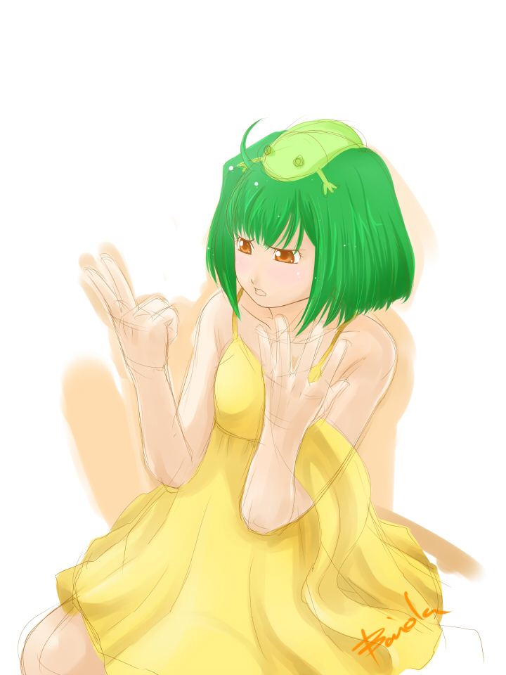 baiola, oosanshouuo-san, ranka lee, macross, macross frontier, >:o, 00s, 1girl, :o, ahoge, bare shoulders, blush, dress, flat chest, green hair, object on head, open mouth, orange eyes, red eyes, salamander, shadow, short hair, signature, simple background, sitting, sketch, sundress, v-shaped eyebrows, white background, yellow dress