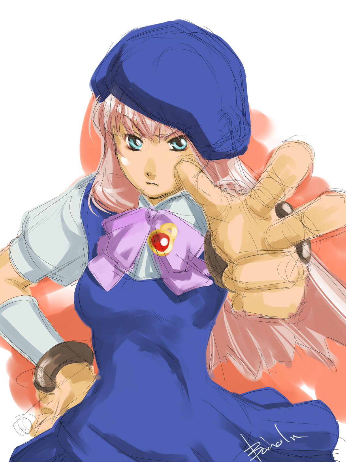 baiola, sheryl nome, macross, macross frontier, highres, 00s, 1girl, blue dress, bow, bowtie, brooch, brown gloves, dress, expressionless, female focus, gem, gloves, green eyes, hand on own hip, jewelry, long hair, looking at viewer, outstretched arm, pink bow, pink bowtie, pink hair, puffy short sleeves, puffy sleeves, short sleeves, solo, very long hair