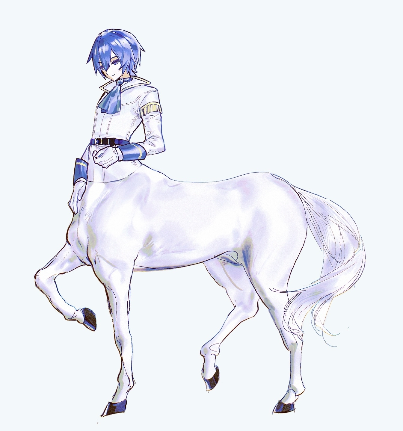 kaito (vocaloid), project diva (series), vocaloid, highres, 1boy, ascot, belt, beret cj, black belt, blue ascot, blue eyes, blue hair, blue wrist cuffs, centaur, closed mouth, full body, gloves, high belt, jacket, kaito (prince blanc) (vocaloid), male focus, monsterification, short hair, simple background, smile, solo, taur, white background, white fur, white gloves, white jacket, wrist cuffs