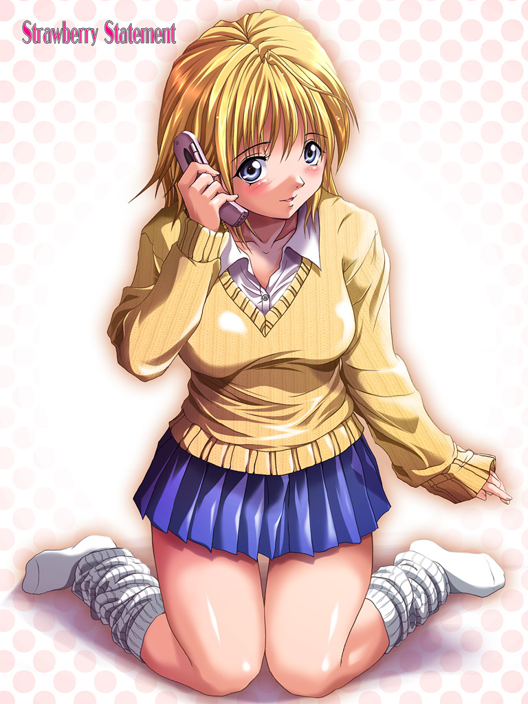 shinozuka jouji, nishino tsukasa, ichigo 100%, 00s, 1girl, blonde hair, blue eyes, cellphone, female focus, gyaru, kogal, loose socks, phone, short hair, socks, solo