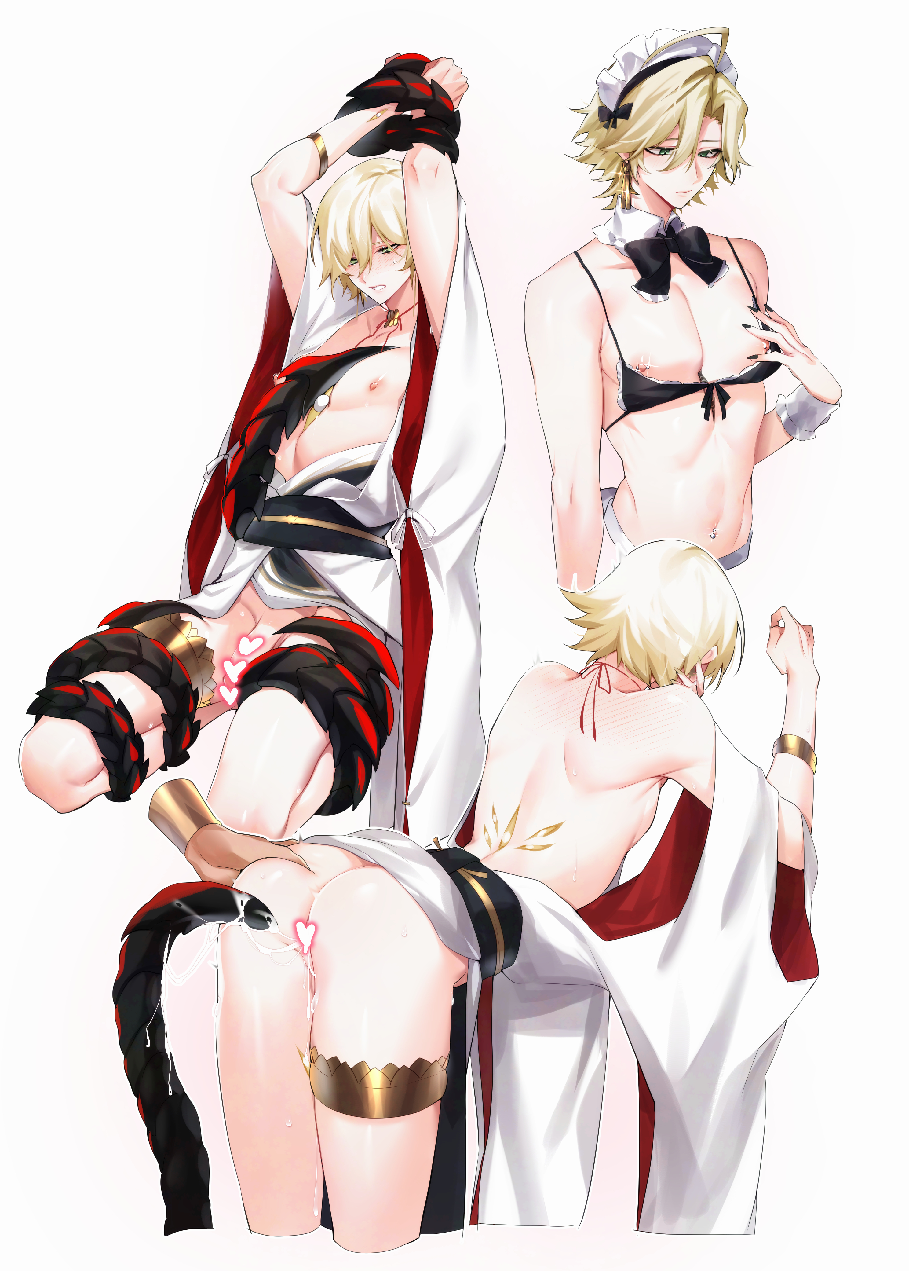 konsai 2, taishakuten (onmyoji), onmyoji, absurdres, commentary request, highres, 1boy, alternate costume, anal, apron, arm strap, ass, black nails, blonde hair, bra, censored, crossdressing, crossdressing (mtf), detached collar, disembodied hand, earrings, enmaided, girly boy, green eyes, heart, heart censor, jewelry, maid, maid apron, maid headdress, male focus, male maid, male penetrated, multiple views, navel piercing, nipple piercing, nipples, penis, piercing, short hair, simple background, string choker, tentacle sex, tentacles, tentacles on male, thigh strap, thighs, underwear, white background, wrist cuffs