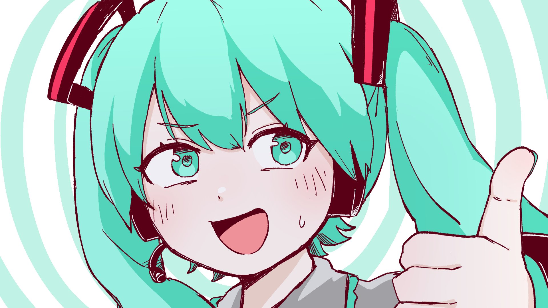 iyowa (igusuri please), hatsune miku, vocaloid, hashtag-only commentary, highres, 1girl, aqua eyes, aqua hair, close-up, detached sleeves, grey shirt, hand up, headphones, long hair, looking to the side, open mouth, shirt, small sweatdrop, smile, solo, thumbs up, twintails, very long hair