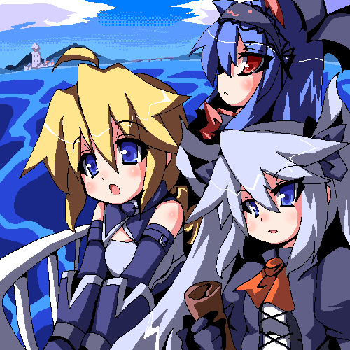 oborotsuki kakeru, girl with a blonde braid (tomoshibi hidekazu), kikai-jikake no kuroneko, mechanical black cat, mof's silver haired twintailed girl, original, lowres, 3girls, blonde hair, grey hair, multiple girls, oekaki