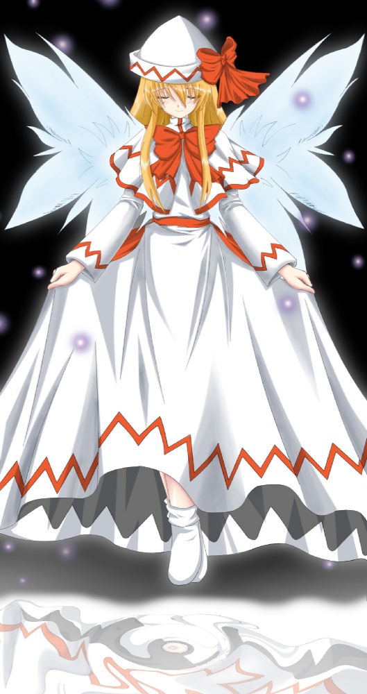 lily white, touhou, 1girl, blonde hair, bow, bowtie, capelet, closed eyes, dress, fairy, fairy wings, female focus, hat, long hair, long sleeves, looking at viewer, red bow, red bowtie, shoes, sidelocks, simple background, solo, standing, tate eboshi, white dress, white shoes, white wings, wings