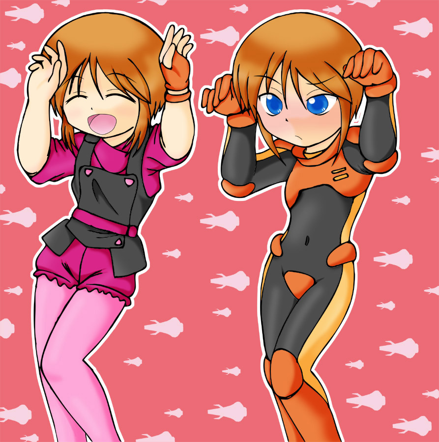 kut (kut house), elpeo puru, puru two, gundam, gundam zz, pilot suit, 2girls, black bodysuit, blue eyes, bodysuit, caramelldansen, casual, closed eyes, fingerless gloves, gloves, multiple girls, orange hair, pantyhose, pink pantyhose, short hair