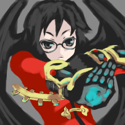 alchemist (sekaiju), alchemist 2 (sekaiju), atlus, etrian odyssey, lowres, 1girl, alchemist, black gloves, black hair, black wings, dress, expressionless, female focus, glasses, gloves, glowing, grey eyes, long sleeves, looking at viewer, magic, oekaki, outstretched arm, red dress, short hair, solo, wings