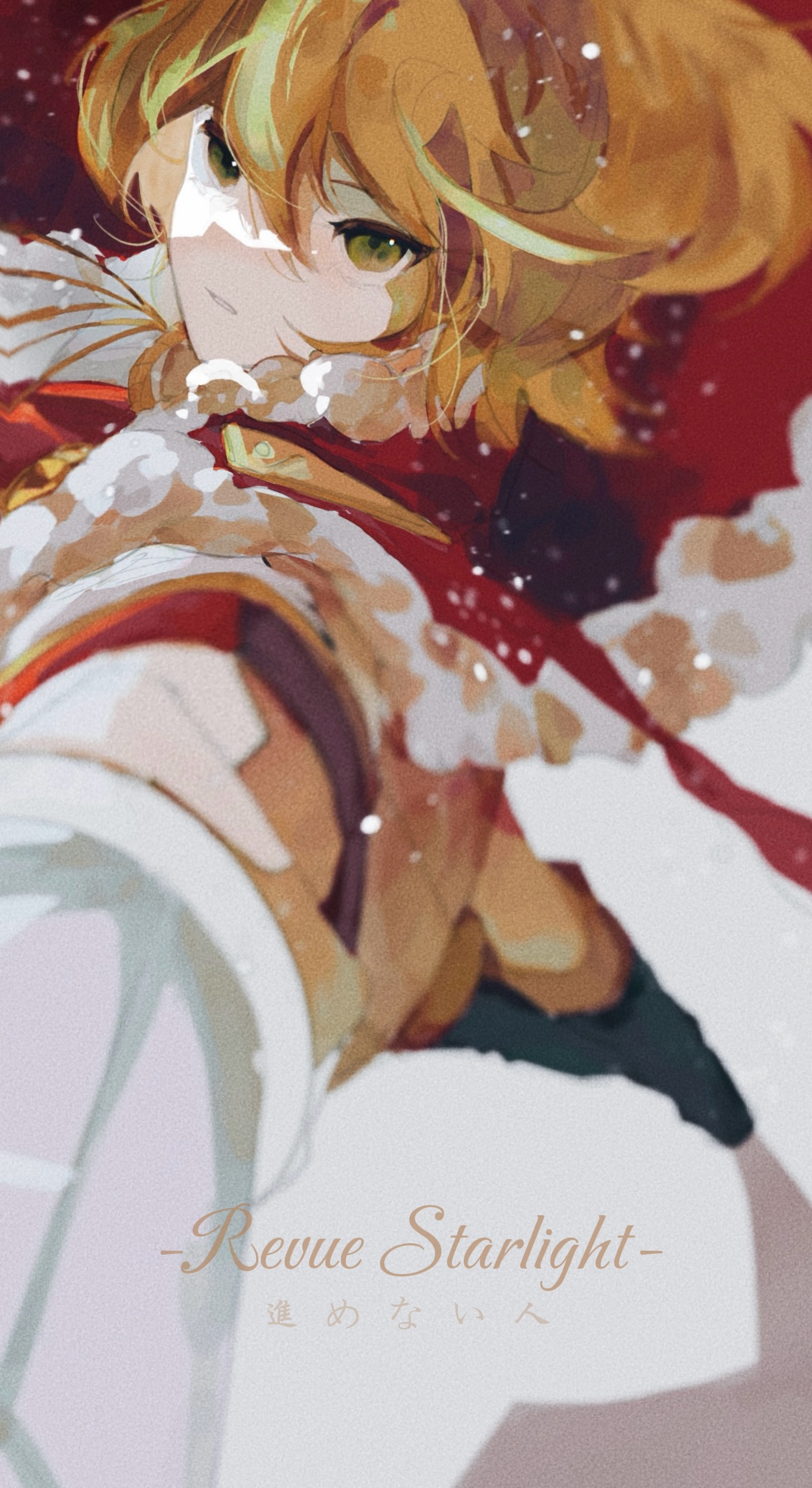 daiba nana, shoujo kageki revue starlight, absurdres, highres, 1girl, aiguillette, blonde hair, blurry, blurry background, close-up, copyright name, english text, fur-trimmed jacket, fur trim, green eyes, hair between eyes, holding, jacket, jacket on shoulders, light particles, long sleeves, parted lips, piping, pointing, pointing at viewer, pointing melee weapon, pointing sword, portrait, red background, red jacket, serious, short hair, short twintails, simple background, solo, sunlight, tassel, twintails, wrist cuffs