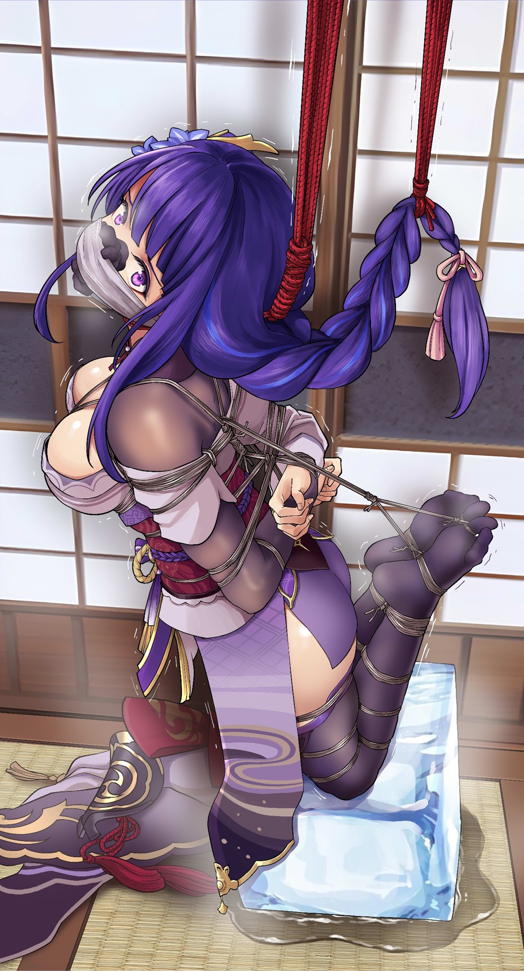 raiden shogun, genshin impact, artist request, commentary request, commission, highres, second-party source, 1girl, armor, arms behind back, ass, ass focus, asymmetrical sleeves, bdsm, black sash, blunt bangs, bondage, bound, bound arms, bound legs, bow, braid, breast bondage, breasts, bridal gauntlets, cloth gag, fan hair ornament, feet, flower, flower ornament, foot focus, gag, gagged, gluteal fold, gradient hair, hair ornament, hair ribbon, hanging, head tilt, huge breasts, ice, improvised gag, indoors, japanese armor, japanese clothes, kimono, kneeling, leaning forward, long braid, looking at viewer, looking to the side, melting, mitsudomoe (shape), multicolored eyes, multicolored hair, neck ribbon, off shoulder, peril, pink ribbon, purple eyes, purple flower, purple hair, purple kimono, purple thighhighs, red ribbon, red rope, restrained, ribbon, rope, sash, shade, shadow, shibari, shibari over clothes, single braid, sliding doors, solo, streaked hair, thick thighs, thighhighs, thighs, tightrope, tomoe (symbol), trembling, uneven sleeves, wet