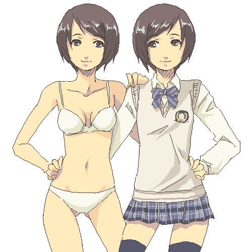 lowres, 2girls, bra, lingerie, multiple girls, oekaki, panties, skirt, underwear, underwear only