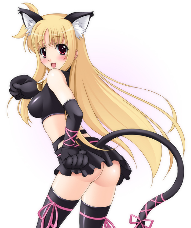 narutaki shin, fate testarossa, lyrical nanoha, mahou shoujo lyrical nanoha, mahou shoujo lyrical nanoha strikers, 00s, 1girl, animal ears, ass, bell, blonde hair, cat ears, cat tail, female focus, jingle bell, long hair, paw pose, solo, tail, thighhighs, very long hair