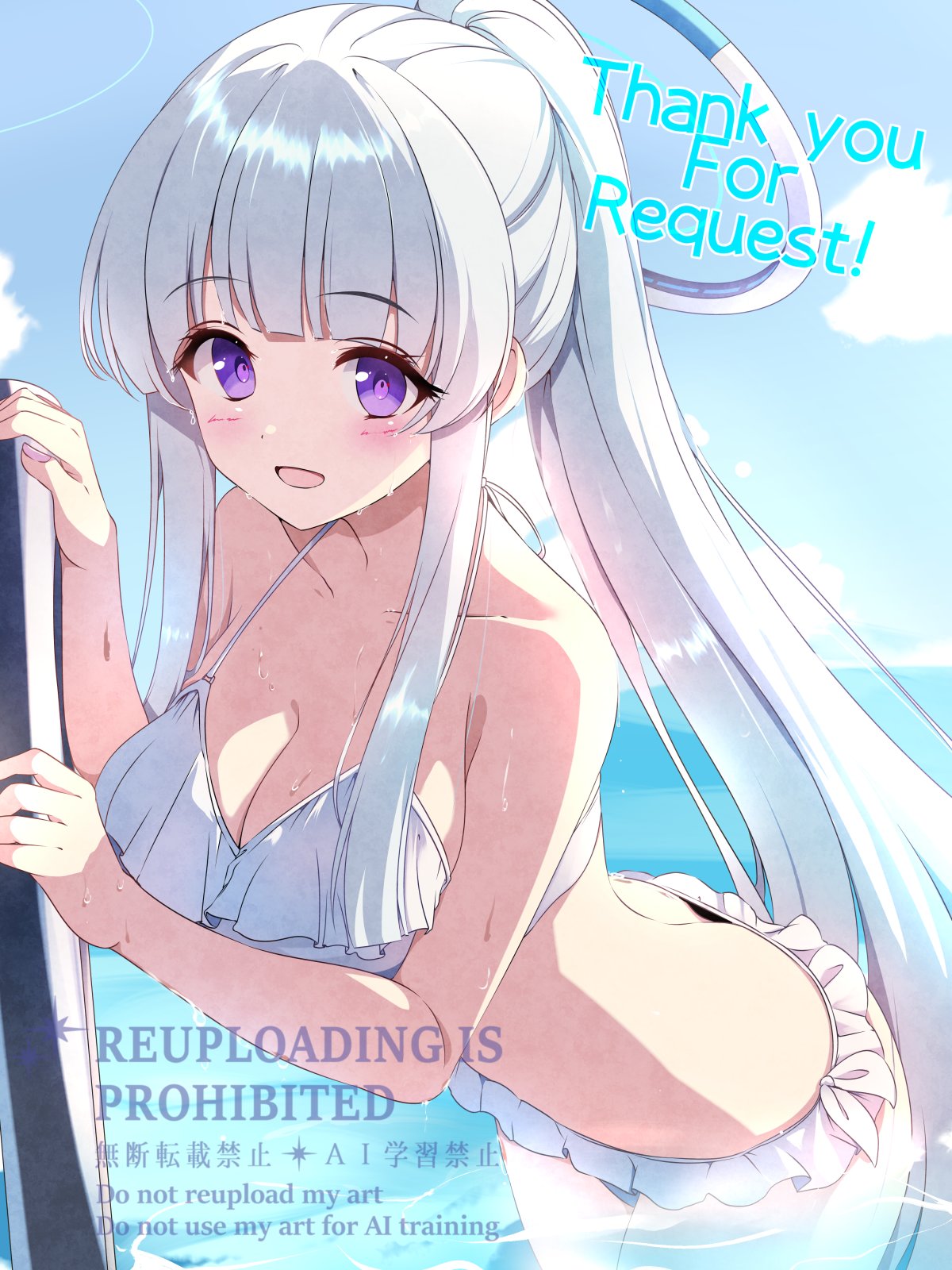 furisuku (gerbera), noa (blue archive), blue archive, highres, 1girl, bare arms, bare shoulders, bikini, breasts, english text, grey hair, halo, large breasts, looking at viewer, mechanical halo, purple eyes, swimsuit, thighs, white bikini