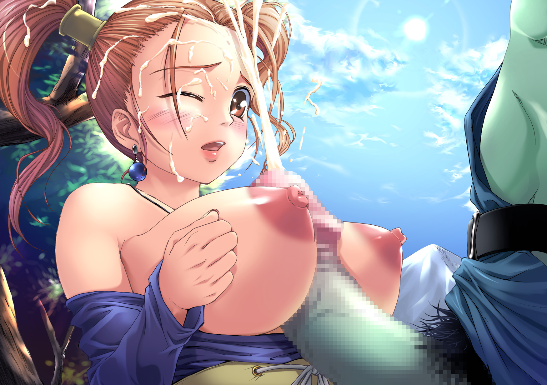 shinozuka jouji, jessica albert, dragon quest, dragon quest viii, square enix, highres, 1girl, blush, breasts, censored, cum, cum on body, cum overflow, cum string, day, dress, earrings, ejaculation, erection, facial, huge breasts, huge penis, jewelry, mosaic censoring, nipples, one eye closed, paizuri, penis, projectile cum, purple shirt, sex, shirt, short hair, solo focus, strapless, strapless dress, twintails, wink